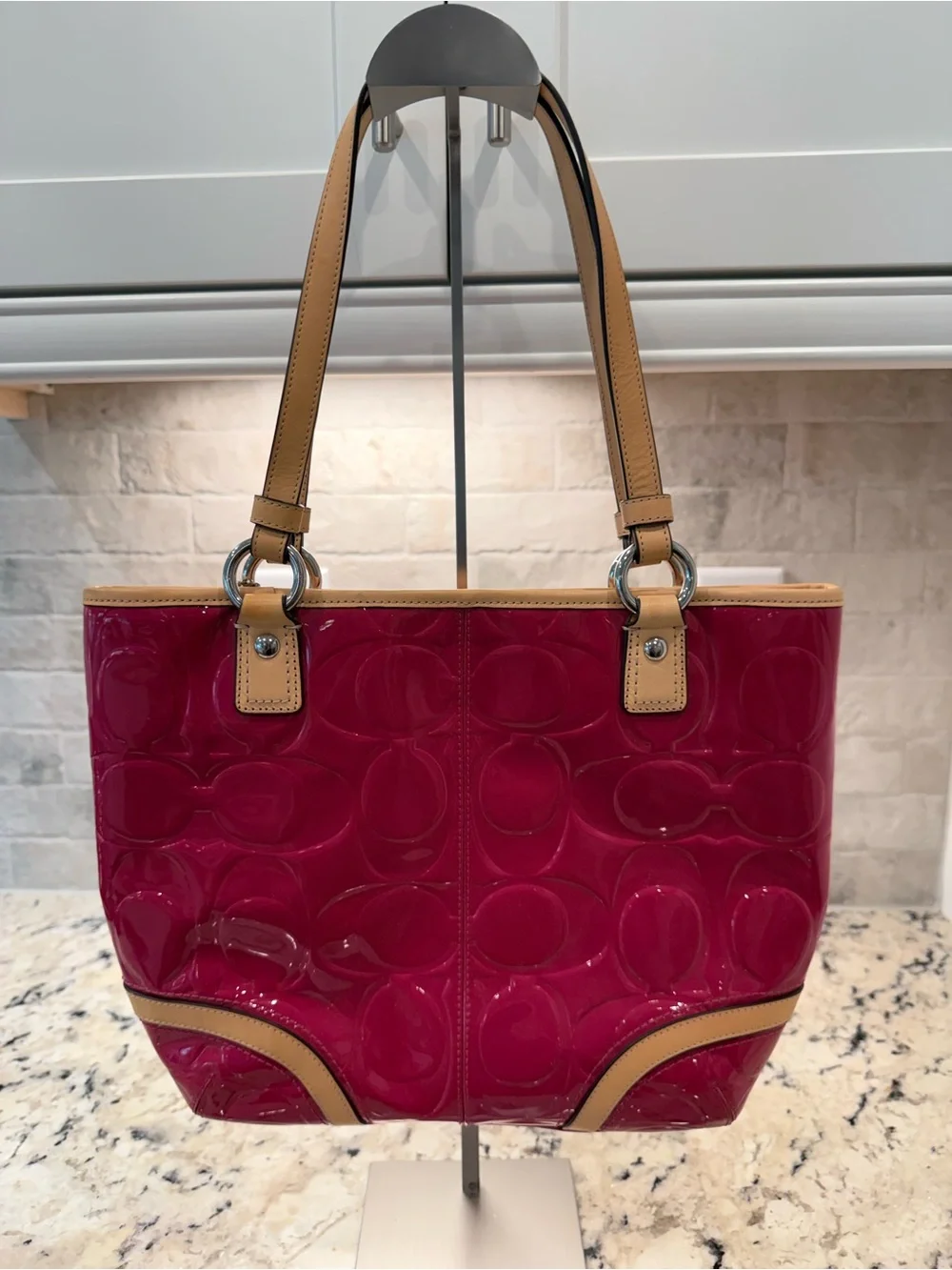 Coach EUC Raspberry Patent Leather Tote with Tan Leather Trim